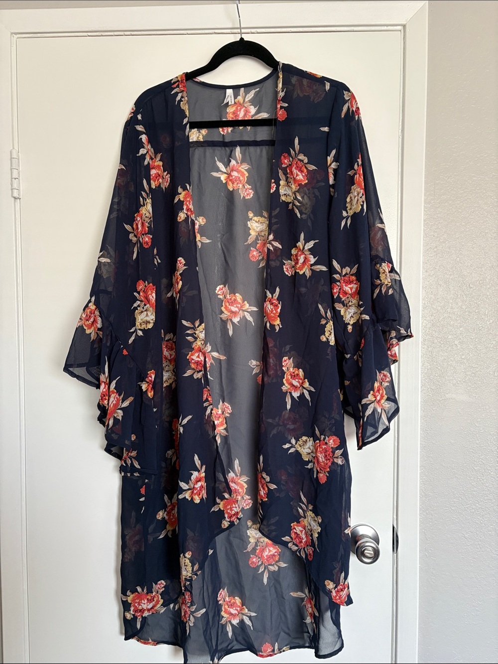 Navy Floral Sheer Kimono Robe with Red & Cream Blooms